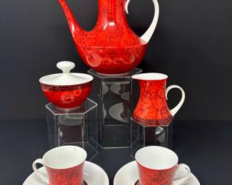 24 VintageBlockBidasoaEspaaFlamencoRedPorcelainCoffeeSetSpain