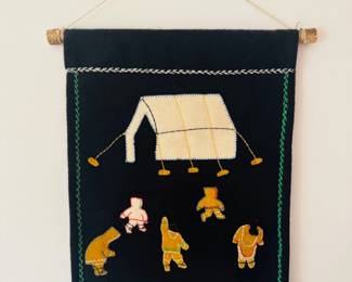47 WoolAppliquWallHangingwInuitFiguresDogsBoneRodAccents