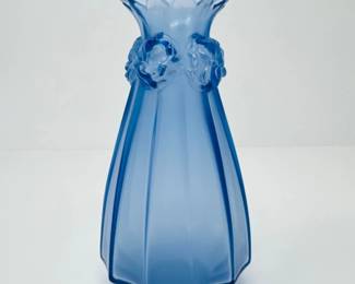 54 LaliqueFranceBlueFrostedGlassVasewFloralRelief