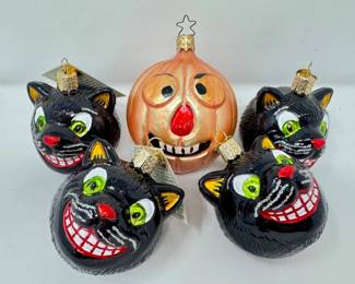 86 HalloweenBlownGlassOrnamentsOldWorldGrinningCatsPumpkin