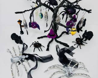 81 HalloweenBlackTreewMiniGlassOrnamentsRhinestoneSpiders