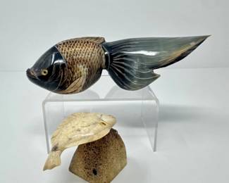 53 HandCarvedBoneFishSculpturesDetailedKoiFlatfishonBase
