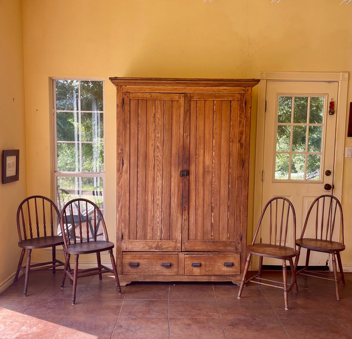 RUSTIC FARMHOUSE ARMOIRE, ANTIQUE WOOD FARMHOUSE CHAIRS