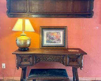 ANTIQUE FRENCH WALL SHELF, LINK-TAYLOR DESK WITH BENCH, VINTAGE ETCHED BRASS LAMP