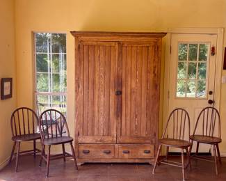 RUSTIC FARMHOUSE ARMOIRE, ANTIQUE WOOD FARMHOUSE CHAIRS