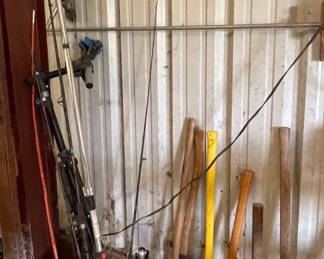 SLEDGE HAMMERS, AXES, FISHING POLES. WEED EATER