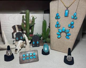 NATIVE AMERICAN AND STERLING SILVER JEWELRY, TURQUOISE NAJA NECKLACE SIGNED, STERLING AND TURQUOISE BELT BUCKLE, STERLING TIGER RING, HUGE STERLING AND TURQUOISE STATEMENT RING, TURQUOISE EARRINGS