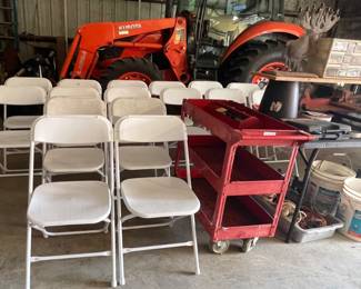 FOLDING CHAIRS, ROLLING METAL CART, TRACTOR NOT FOR SALE