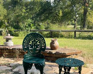 VINTAGE WROUGHT IRON CHAIR AND ACCENT TABLE