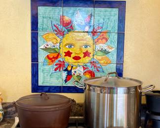 CAST IRON SKILLETS AND DUTCH OVEN, LARGE STAINLESS STOCK POT