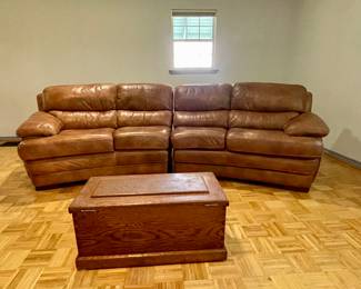 FLEX STEEL LEATHER SECTIONAL COUCH, ANTIQUE WOOD TRUNK
