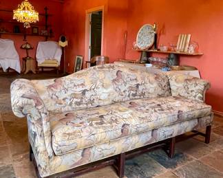 VINTAGE CHIPPENDALE STYLE CAMELBACK SOFA WITH PETROGLYPH UPHOLSTERY IN EXCELLENT CONDITION