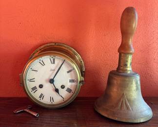 SCHATZ /GERMANY BRASS SHIP’S CLOCK, HEAVY VINTAGE BRASS SCHOOL BELL WITH WOODEN HANDLE