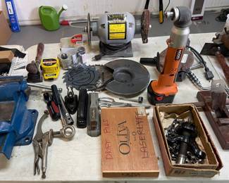 TOOLS, VICE, DRIFT PINS, OLD WOOD PLANES, RIGID BATTERY TOOL, BENCH GRINDER