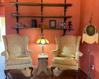 VINTAGE WINGBACK CHAIRS, LAMPS-SHELVING NOT FOR SALE