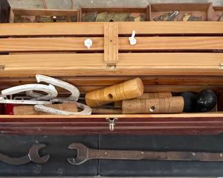 CROQUET AND HORSESHOES, BOCCE BALL SET, OLD WRENCHES