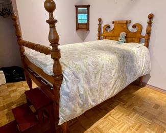 1800’S ANTIQUE BED FROM OHIO ESTATE-CURLY MAPLE PANELED STYLE HEADBOARD WITH BROKEN ARCH PEDIMENTS & CARVED ROSETTES. HAS CANNONBALL FINIALS, FROM RAVENNA-IT’S BEAUTIFUL!