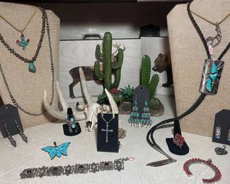 STERLING AND TURQUOISE JEWELRY, TURQUOISE CROSS NECKLACES, STERLING AND TURQUOISE CHANDELIER EARRINGS, NAVAJO PEARL DANGLE EARRINGS, STERLING AND CORAL NAJA PENDANT, STERLING CORAL RING, HIGH GRADE SLEEPING BEAUTY AND STERLING BOLO TIE, STERLING FISH HOOK/ANTLER PENDANT, NATIVE AMERICAN NAVAJO PEARL NECKLACE WITH TURQUOISE DROP, STERLING GRADUATED SILVER PEARL NECKLACE, INLAID TURQUOISE SIGNED BUTTERFLY PENDANT, STERLING AND TURQUOISE SPIDER RING