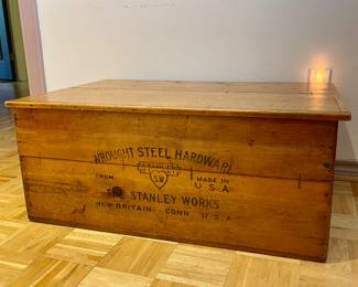 ANTIQUE WOOD TRUNK STAMPED WROUGHT STEEL HARDWARE STANLEY WORKS