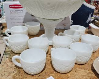 MILK GLASS PUNCH BOWL AND CUPS