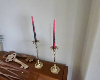 Pair of candle holders, the red and the black candles are perfect for this time of year with Halloween coming up