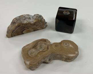 Banded Agate, Agate Compass Paperweight and Calcite Petrified Wood