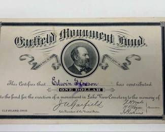 Cabinet Cards and Carte de Visite CDV in Album and Garfield Monument Fund Certificate, and a Dog