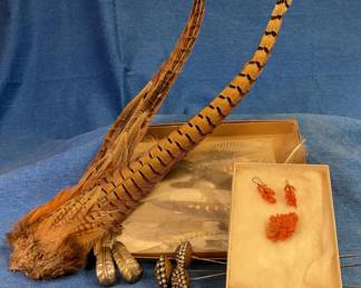 Hat Pins, Feathers And Coral Jewelry