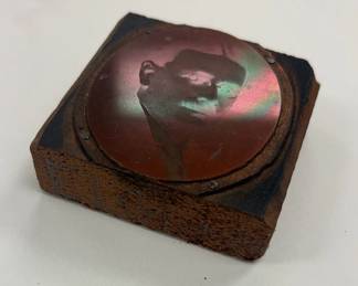 Antique wood photo portrait block with a copper plate