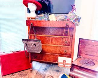Antique Dresser, Flatscreen and Purses