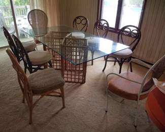 Rattan base/glass top dining set seats 8