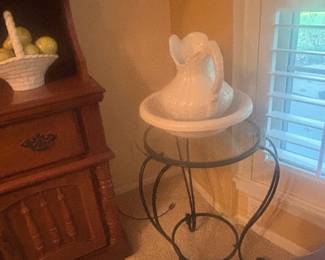 Ceramic pitcher w bowl and glass & metal stand