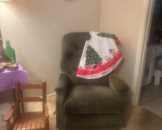 Child rocking chair, small recliner and vintage Christmas tree skirt