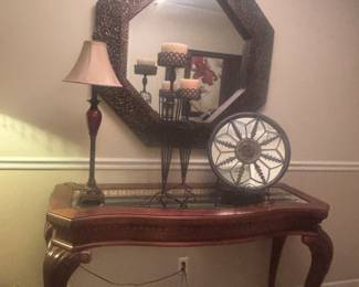 Sofa table, lamp, decor and large metal mirror
