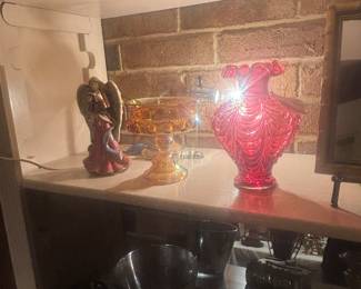 Fenton base, carnival glass dish, angel, etc