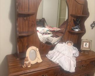 Dresser w mirror, porcelain doll