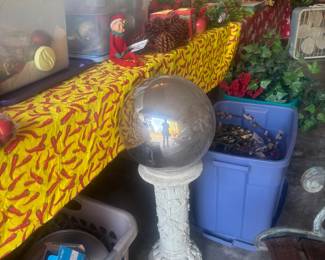 Gazing ball w stand, and Christmas items