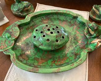 Weller Pottery Coppertone Frog on pond, with separate flower frog