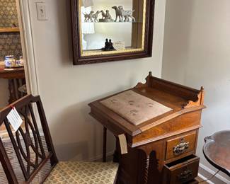 Antique desk with 3 drawers top opens for storage