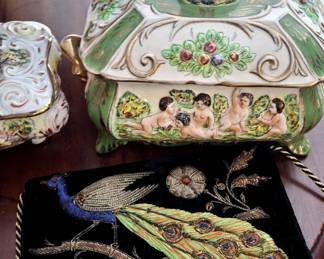Capodimonte items and a chandelier