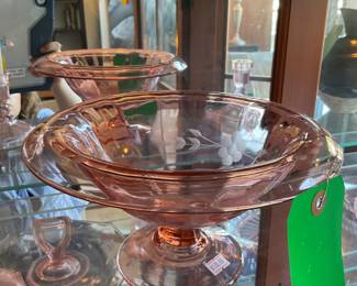 Pink depression glass etched bowl $48 + tax