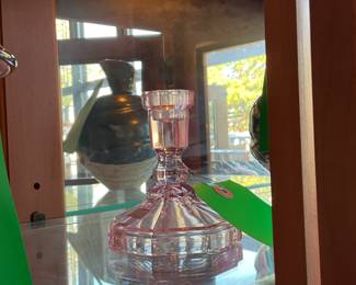 Pink depression glass candle sticks (pair) $60 + tax