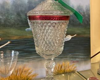 Cranberry glass pedestal candy dish $24 + tax
