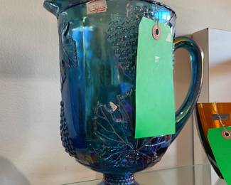 Blue carnival glass pitcher $48 + tax