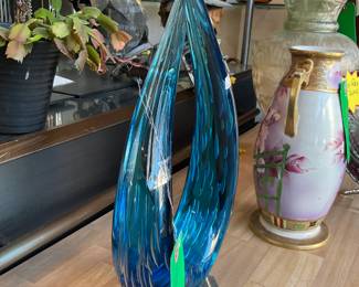Signed Murano blue glass sculpture 16.5” tall $70 + tax