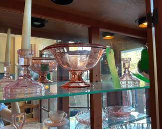 Pink depression glass candle sticks (pair) $60 + tax