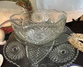 Large cut crystal punch bowl set with under plate