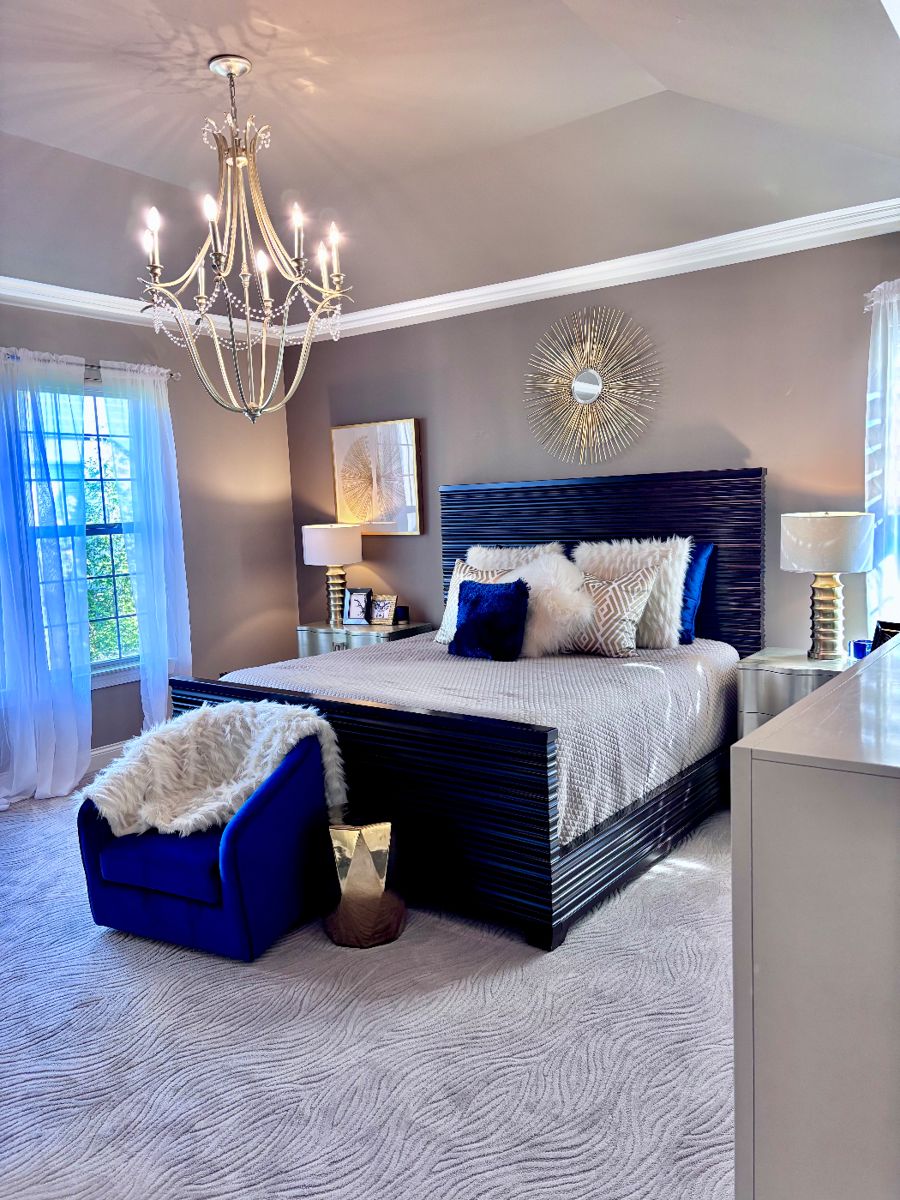 Bernhardt Bedroom Furniture, Bernhardt Miramont Queen Panel Bed, 2 x Bernhardt Nightstands, Dark Blue Accent Chair