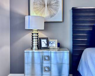 2 x Bernhardt Salon Silver Leaf Three Drawer Chest, Table Lamp and Z Gallerie Sunset Hour Art, and Uttermost Corvair Scalloped Table Lamps
