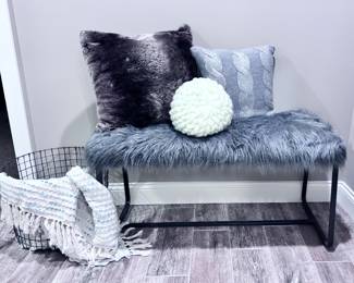 Fur Bench, Throw, Basket and Accent Pillows